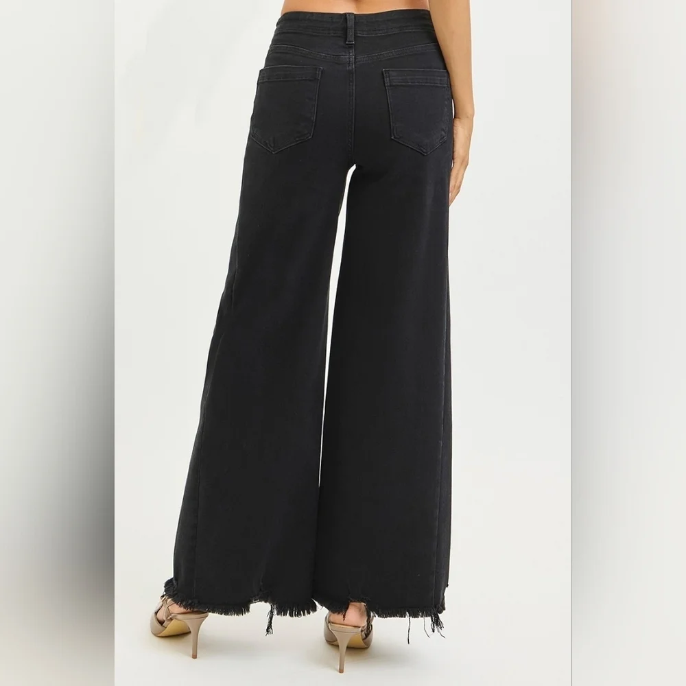RISEN HR Tummy Control Black Palazzo Jeans Wide Leg Distressed Hems Various NEW - Picture 10 of 13